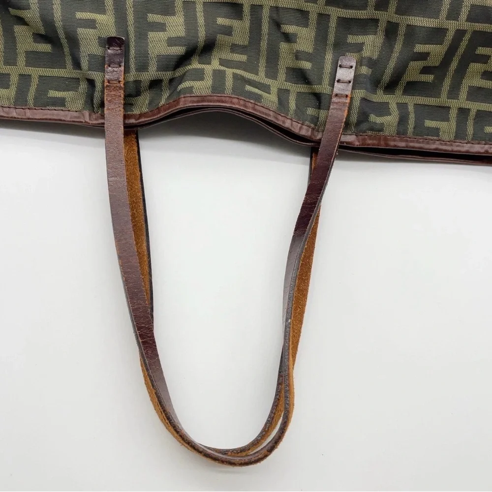 Authentic Fendi Zucca Nylon Leather Khaki Tote Bag W/Pouch